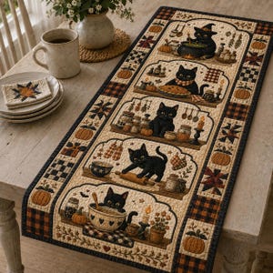May include: A rectangular quilted table runner featuring five distinct panels, each depicting a black cat engaged in autumn-themed activities like baking, cooking, and crafting. The design includes pumpkins, candles, and kitchenware in warm orange, brown, and cream tones with a black and orange plaid border.