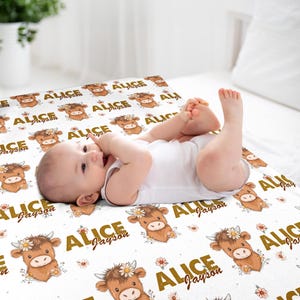 Highland Cow Baby Blanket – Personalized Name Custom Nursery Bedding Gift Girl