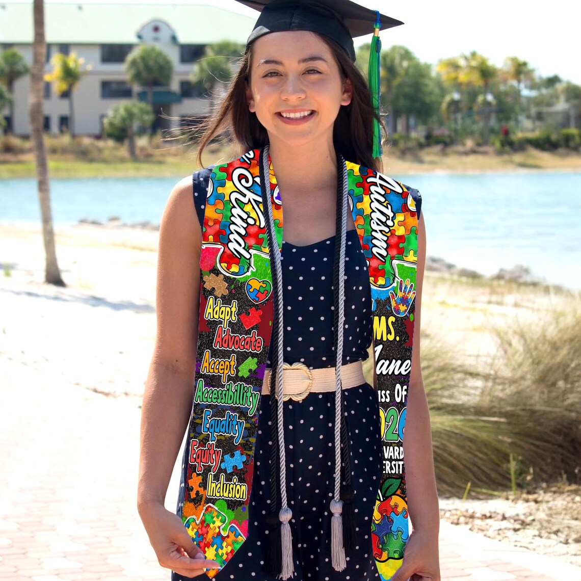 Personalized Autism-themed Graduation Stole With Colorful Puzzle Design ...