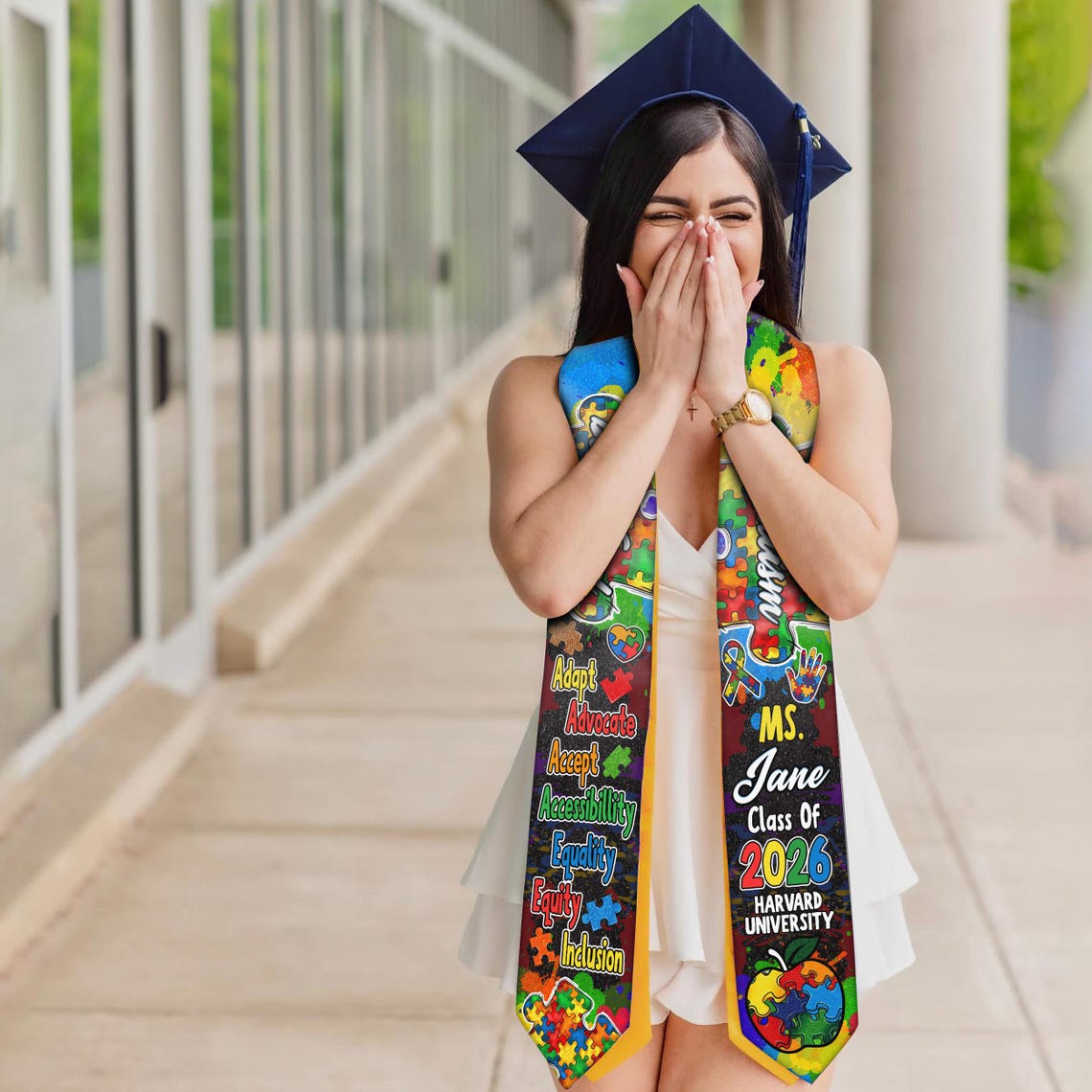 Personalized Autism-themed Graduation Stole With Colorful Puzzle Design ...