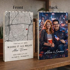Op de afbeelding: Een gepersonaliseerd fotoblok met een kaart en een foto van een stel. De kaart toont een hart boven New York met de tekst "WHERE IT ALL BEGAN" en een datum. De andere kant toont het stel.