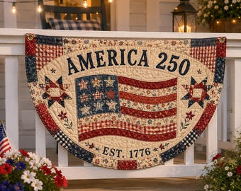 Quilted Patchwork Style Fence Flag, Patriotic Americana Porch Bunting, Rustic Country Decor