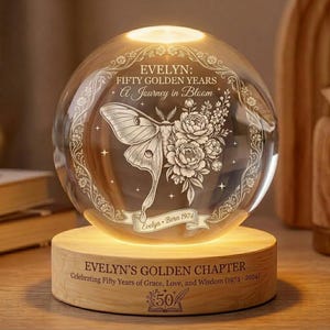 May include: A glowing glass sphere with a wooden base, engraved with a moth and floral design. Text reads "Evelyn: Fifty Golden Years" and "Evelyn's Golden Chapter". The base celebrates 50 years of grace, love, and wisdom.