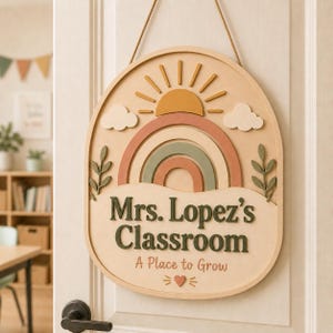 May include: An oval wooden wall sign featuring a layered design with a sun, clouds, and a rainbow in muted tones. The text reads Mrs. Lopez's Classroom and A Place to Grow, accented by small leaf motifs and a heart, suspended by a brown rope.
