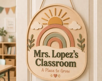 Custom Boho Teacher Door Sign Personalized Classroom Decor Rainbow Plaque