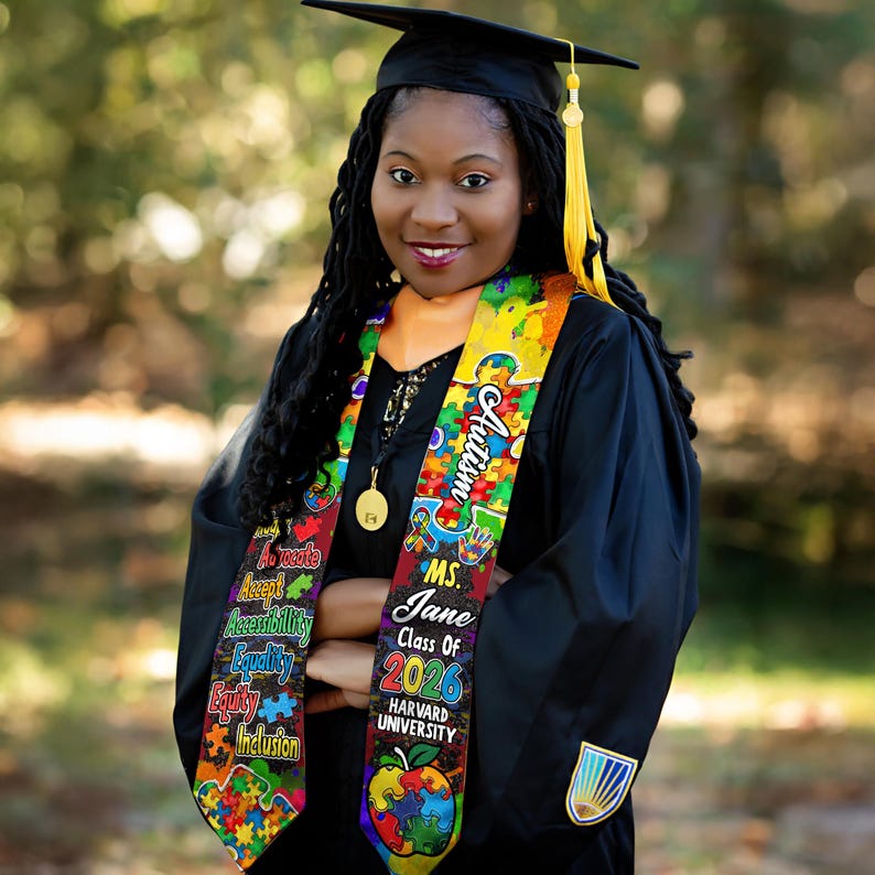Personalized Autism-themed Graduation Stole With Colorful Puzzle Design ...