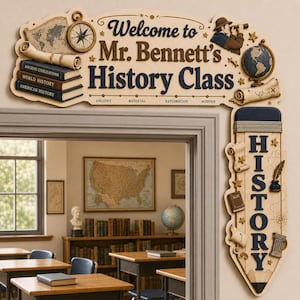 May include: A wooden door frame sign featuring the text Welcome to Mr. Bennett's History Class, decorated with a compass, a stack of books, a globe, and a large pencil shape with the word HISTORY, accented with scrolls and stars.