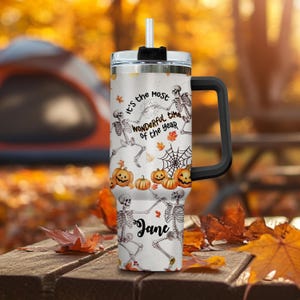 Personalized Spooky Season Tumbler 40oz | Halloween Skeleton Custom Name Cup | Fun Fall Gift with Pumpkins & Handle | Trick or Treat Mug