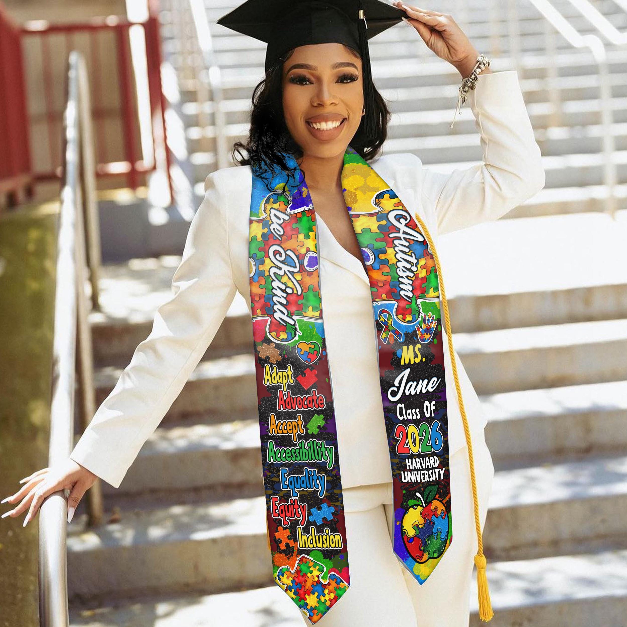 Personalized Autism-themed Graduation Stole With Colorful Puzzle Design ...
