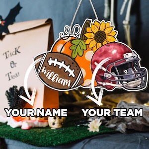 Personalized Football Pumpkin Wooden Hanging Sign – Custom Name & Team Fall Door Decor