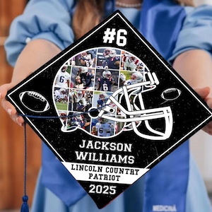 May include: Black graduation cap with a football helmet design and the number 6. The cap features a collage of football players and the text "Jackson Williams, Lincoln Country Patriot, 2025."