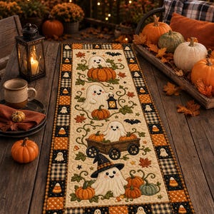 May include: A rectangular fabric table runner featuring a quilted design with four white ghost characters, orange pumpkins, green vines, and autumn leaves. The border displays a pattern of black and white buffalo check, orange polka dots, and candy corn.
