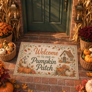 Op de afbeelding: Een rechthoekige deurmat met de tekst Welcome to our Pumpkin Patch, geïllustreerd met een klein huisje, herfstbladeren en pompoenen. De mat ligt op een stenen veranda voor een donkergroene deur, geflankeerd door rieten manden met pompoenen.