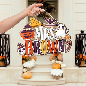 Custom Halloween Teacher Door Hanger – Personalized Classroom Name Sign for Spooky Season Decor