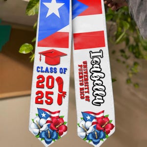 Personalized Puerto Rican Graduation Stole, Puerto Rico Flag Latina Grad Sash