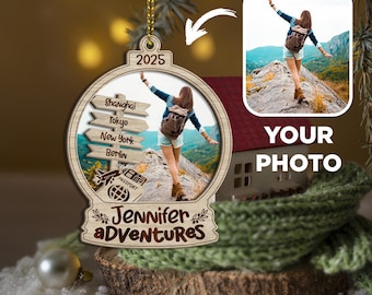 Personalized Travel Adventure Ornament – Custom Wooden Keepsake with Your Photo