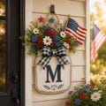 Custom Initial Wooden Door Hanger, Patriotic Floral Jar Front Door Decor