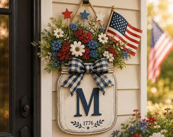 Custom Initial Wooden Door Hanger, Patriotic Floral Jar Front Door Decor