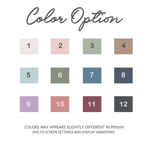 May include: A white background with the text "Color Option" in a cursive font. Below are twelve color swatches numbered 1-12, each a different shade. The text at the bottom reads "COLORS MAY APPEARS SLIGHTLY DIFFERENT IN PERSON DUE TO SCREEN SETTINGS AND DISPLAY VARIATIONS."