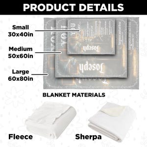 May include: Image of blankets in three sizes: small (76x102cm), medium (127x152cm), and large (152x203cm). The blankets have a grey design with text and are available in fleece and sherpa materials.