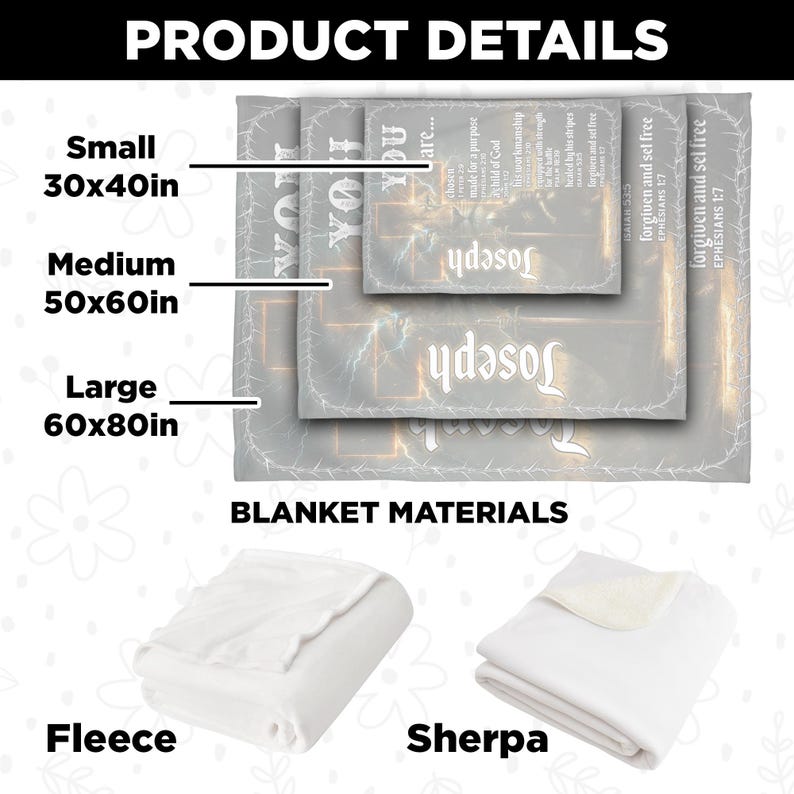 May include: Image of blankets in three sizes: small (76x102cm), medium (127x152cm), and large (152x203cm). The blankets have a grey design with text and are available in fleece and sherpa materials.