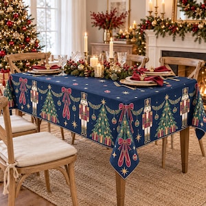 Art Deco Nutcracker Christmas Tablecloth, 70 x 55 Inch Midnight Navy Ballet Table Cover with Gold Tone Details