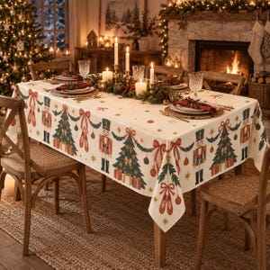 Nordic Nutcracker Christmas Tablecloth, 70 x 55 Inch Cream and Terracotta Scandinavian Ballet Table Cover