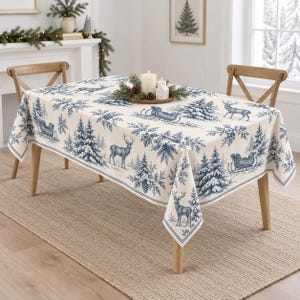 May include: A rectangular tablecloth featuring a cream-coloured base with a repeating blue toile-style print. The pattern depicts winter scenes with deer, pine trees, and horse-drawn sleighs. The fabric drapes over a wooden table with chairs.