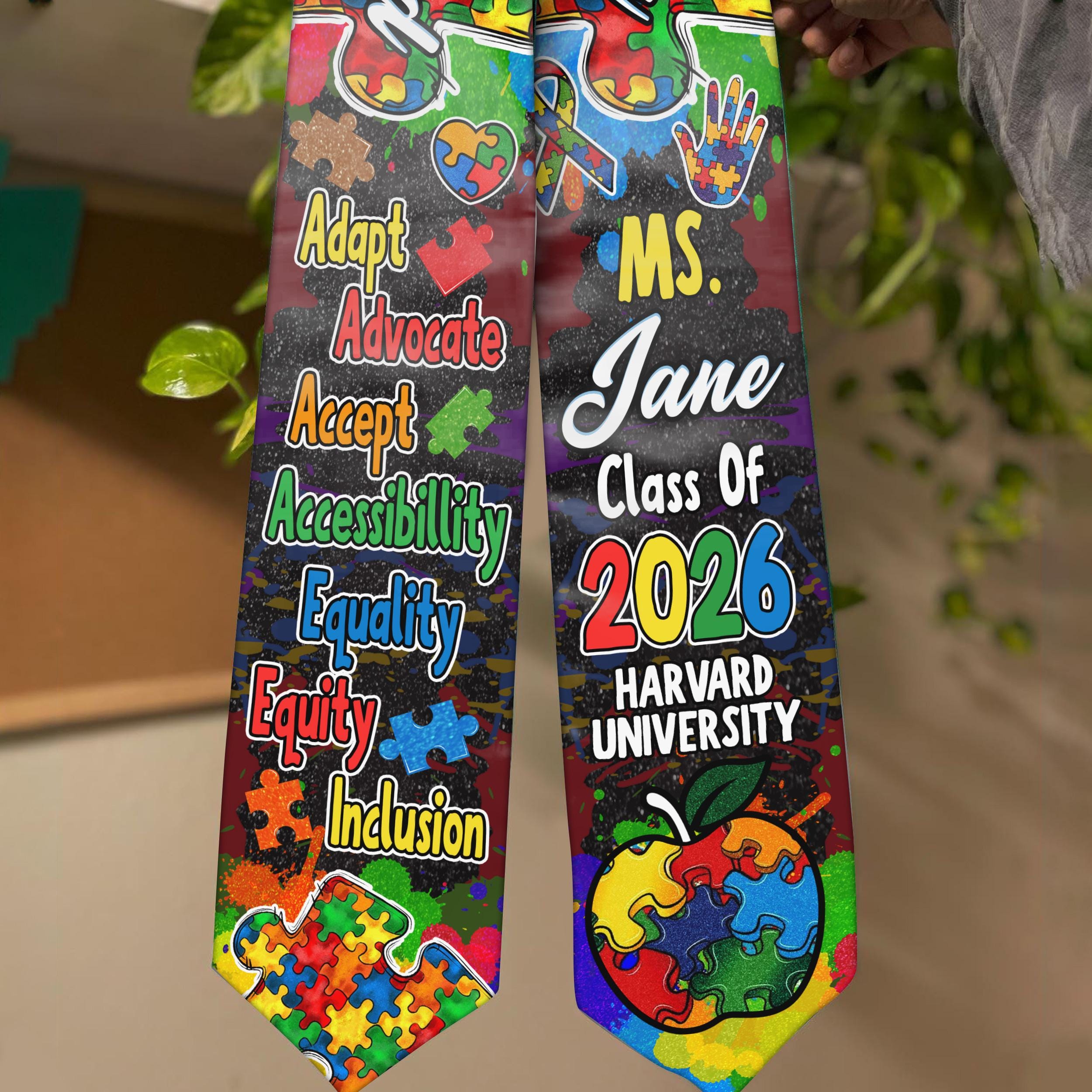 Personalized Autism-themed Graduation Stole With Colorful Puzzle Design ...