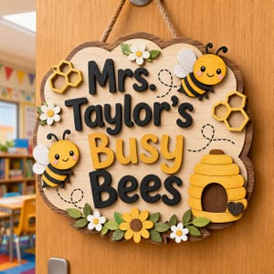 Personalized Busy Bees Teacher Door Sign Custom Classroom Plaque Welcome Decoration