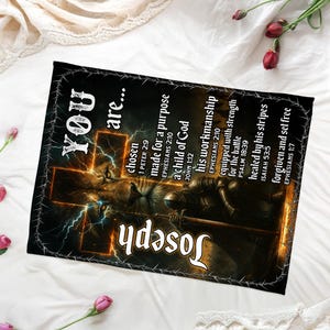 May include: A black blanket with a cross, lion, and knight illustration with lightning effects. The blanket features the name "Joseph" and inspirational text including "chosen" and "forgiven and set free".