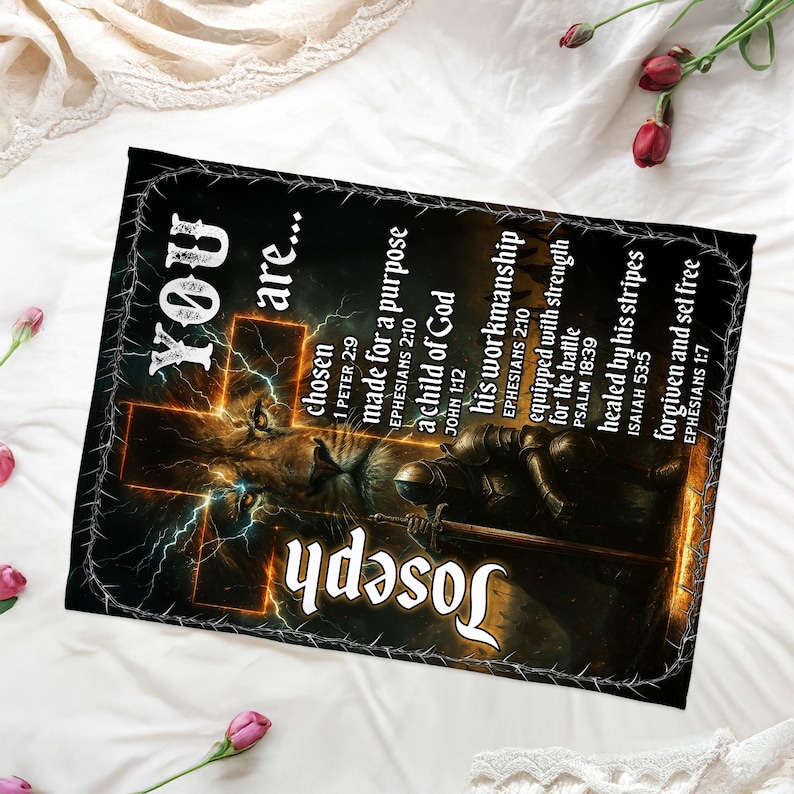 May include: A black blanket with a cross, lion, and knight illustration with lightning effects. The blanket features the name "Joseph" and inspirational text including "chosen" and "forgiven and set free".