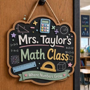 May include: A decorative wooden sign with a black chalkboard surface, hanging by a rope. It features the text 'Mrs. Taylor's Math Class' and 'Where Numbers Grow', surrounded by colorful illustrations of a calculator, ruler, protractor, and math equations.