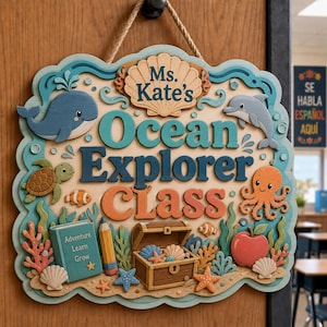 May include: A decorative wooden wall sign with a scalloped edge, featuring the text Ms. Kate's Ocean Explorer Class. The sign includes 3D-style cutouts of a whale, dolphin, octopus, turtle, fish, treasure chest, book, pencil, and seashells.