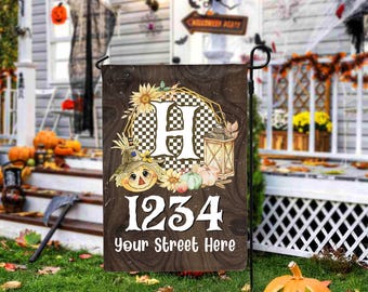Personalized Fall Garden Flag with Address – Custom House Number & Street – Autumn Scarecrow Yard Decor