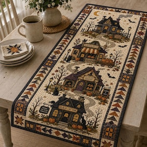Peut inclure: Un chemin de table matelassé rectangulaire présentant un village sur le thème d'Halloween avec quatre bâtiments nommés Haunted Cottage, Pumpkin Patch, Witch's Bakery et Black Cat Inn, entourés de citrouilles, chats noirs, chauves-souris et étoiles.