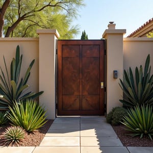 May include: A dark brown wooden gate set between beige pillars and a matching wall. The gate is framed by black metal and leads to a stone walkway. Green plants and trees surround the entrance, creating a welcoming outdoor space.