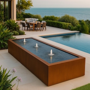 Modernes kundenspezifisches Corten-Stahl-Unendlichkeits-Rand-Wasserspiel - 3 Pumps, LED-Lichter, Lieferung inklusive | Rufen Sie 858-842-7100 | Valyrian Designs Qualität