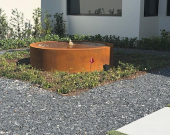 Modern Corten Steel Round Water Table Fountain, Indoor/Outdoor Zen Decor