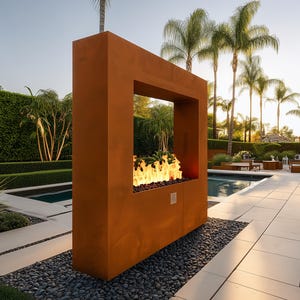 Puede incluir: Una chimenea exterior moderna con un marco rectangular de color óxido. Las llamas son visibles dentro del marco. La chimenea está situada en un jardín con piscina, palmeras y un patio pavimentado.
