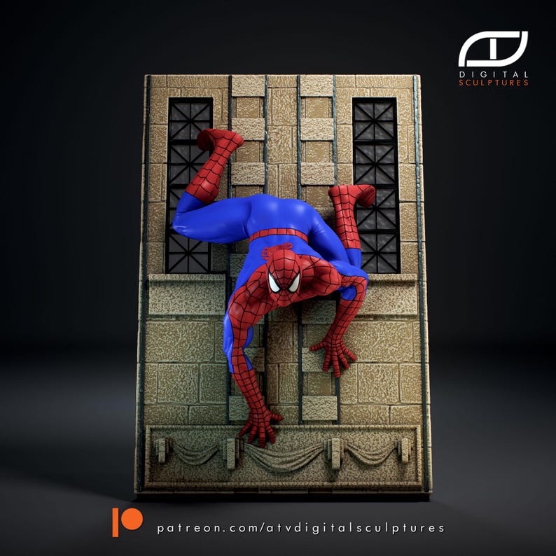 May include: A red and blue Spiderman figure is climbing a wall with a stone texture. The figure is posed in a dynamic action pose with one leg extended and the other bent. The figure is holding onto the wall with both hands. The background is a dark grey colour.