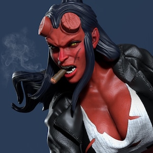 Puede incluir: Representación digital de un personaje de piel roja con cabello negro y cuernos, fumando un cigarro. Lleva una chaqueta de cuero negra sobre una camiseta blanca. El personaje tiene ojos amarillos y una expresión decidida.