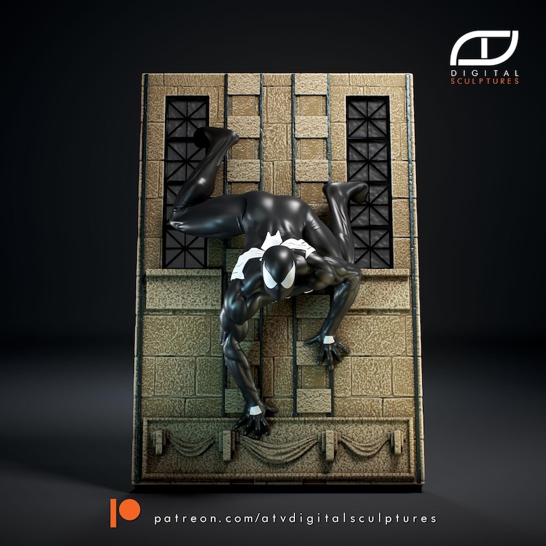 May include: A 3D printed figurine of a superhero in a black suit climbing a brick wall. The figurine is posed in a dynamic action pose with one leg extended and the other bent. The superhero's face is visible and has a white mask with black eyes. The background is a dark grey.