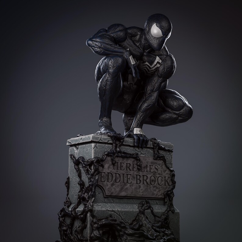 May include: Black and white statue of Venom, a Marvel Comics superhero, crouching on a tombstone that reads "Here Lies Eddie Brock".