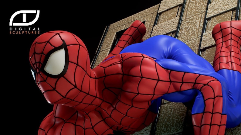May include: A red and blue action figure of Spider-Man in a dynamic pose, climbing a brick wall. The figure is highly detailed, with a textured suit and a classic Spider-Man mask.