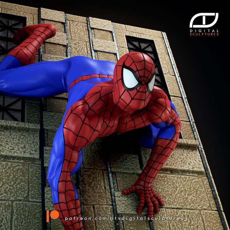 May include: A red and blue Spiderman figure is climbing a brown brick wall. The figure is in a dynamic pose with one leg extended and the other bent. The figure is looking to the right. The background is a dark grey.