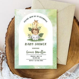 Invitation de fête de naissance Safari Stack | Animaux de la jungle | Invitation modifiable et imprimable | Fête de bébé fantaisiste | Téléchargement numérique | BS2011