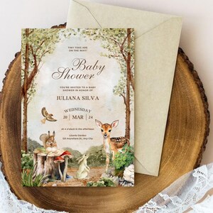 Invitation de fête de naissance des bois | Invitation mobile imprimable et Evite | Modèle numérique d'animaux de la forêt | Invitation en toile modifiable | BS2001