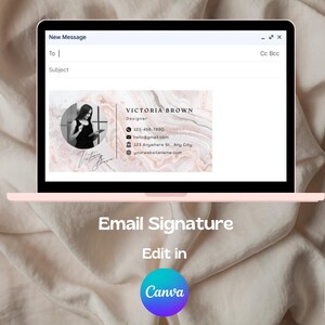May include: A pink and white marble-patterned email signature template with a black and white photo of a woman in a circle. The text "VICTORIA BROWN" is in black text with the title "Designer" below. The text includes a phone number, email address, street address, and website address. The text "Email Signature" is below the template, with the text "Edit in Canva" below that.