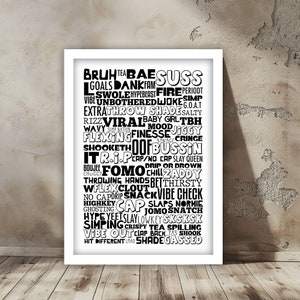 May include: Black and white typography print with slang words and phrases, including "bruh", "bae", "suss", "goals", "dankfam", "swol", "hypebeast", "fire", "period", "vibe", "unbothered", "jokes", "simp", "extra", "throw", "shades", "salty", "rizz", "viral", "baby", "girl", "tbh", "wavy", "simp nation", "finesse", "jiggy", "mood", "savage", "cringe", "shooketh", "oof", "bussin", "it", "r.i.p", "cap", "no cap", "slay", "queen", "boujee", "chuggy", "drip", "or", "drown", "fomo", "chill", "zaddy", "throwing", "hands", "bet", "thirsty", "wflex", "clout", "snack", "vibe", "check", "no", "capdrip", "slaps", "normie", "highkey", "cap", "jomosnatch", "ghosting", "hype", "yeet", "slay", "lowkey", "sksksk", "simping", "crispy", "tea", "spilling", "vibe", "out", "clap", "back", "yas", "shook", "hit", "different", "lmao", "shadegassed".